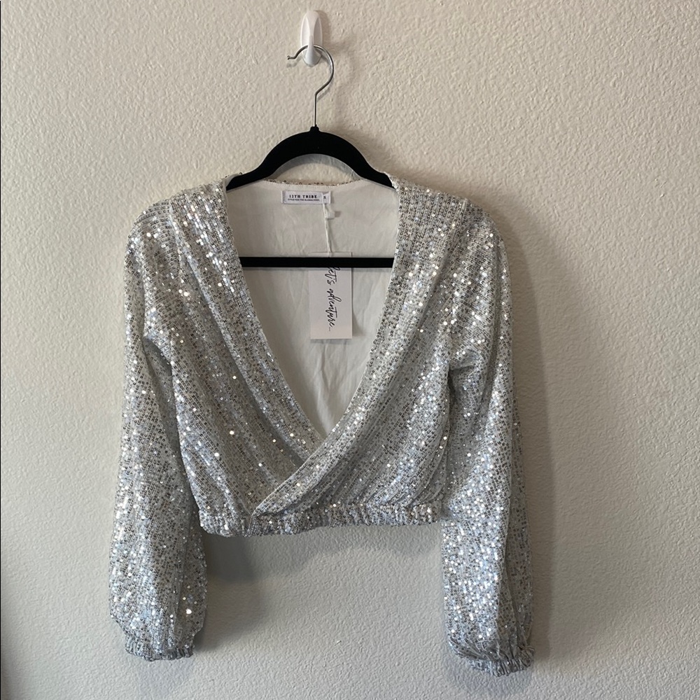 12th Tribe Silver Sequin Wrap Top
